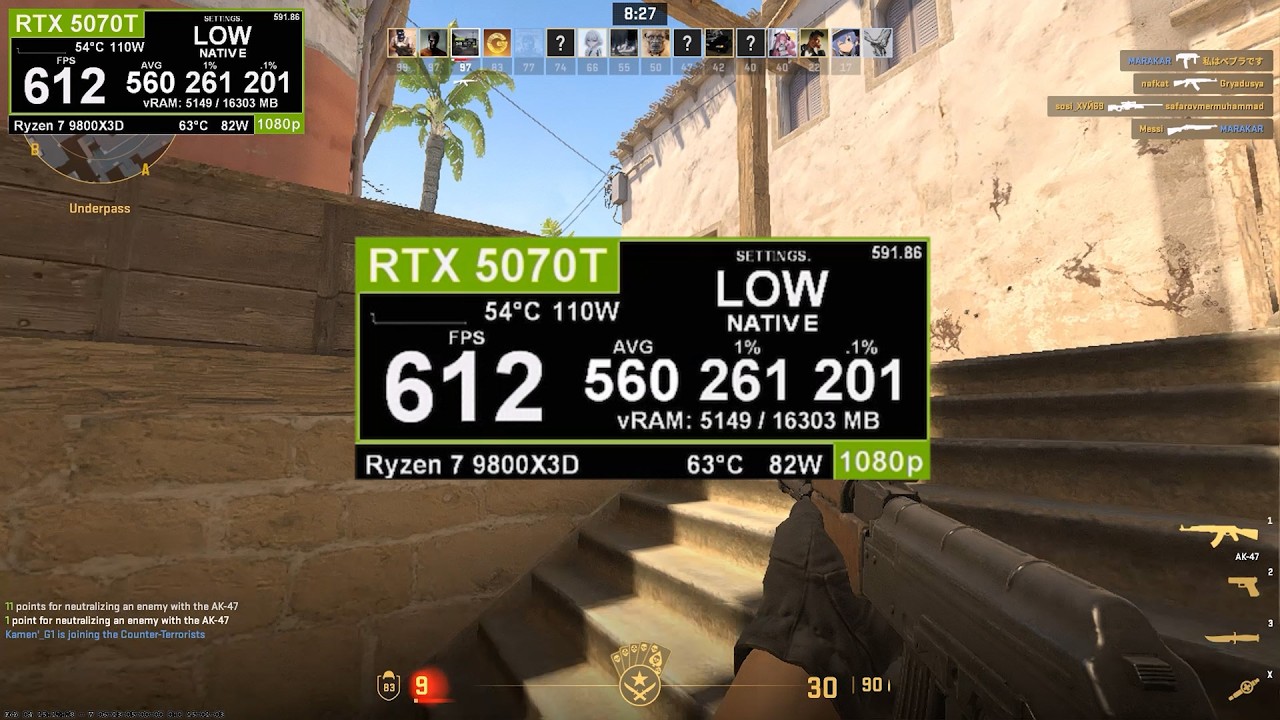 Counter Strike 2: RTX 5070 TI + Ryzen 7 9800X3D 1080p LOW vs HIGH 500 fps