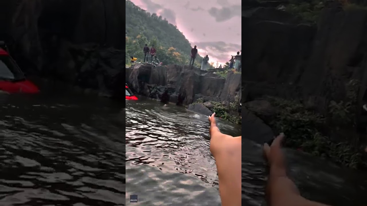 Shocking moment car plunges over waterfall with two persons inside #Shorts