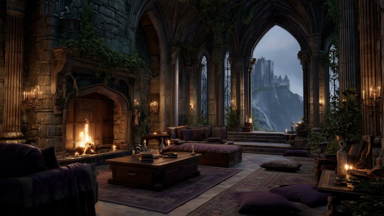 Dark Gothic Castle Fireplace & Snow | Fireplace Sounds | Cozy Fantasy Ambience for Relaxation, Study