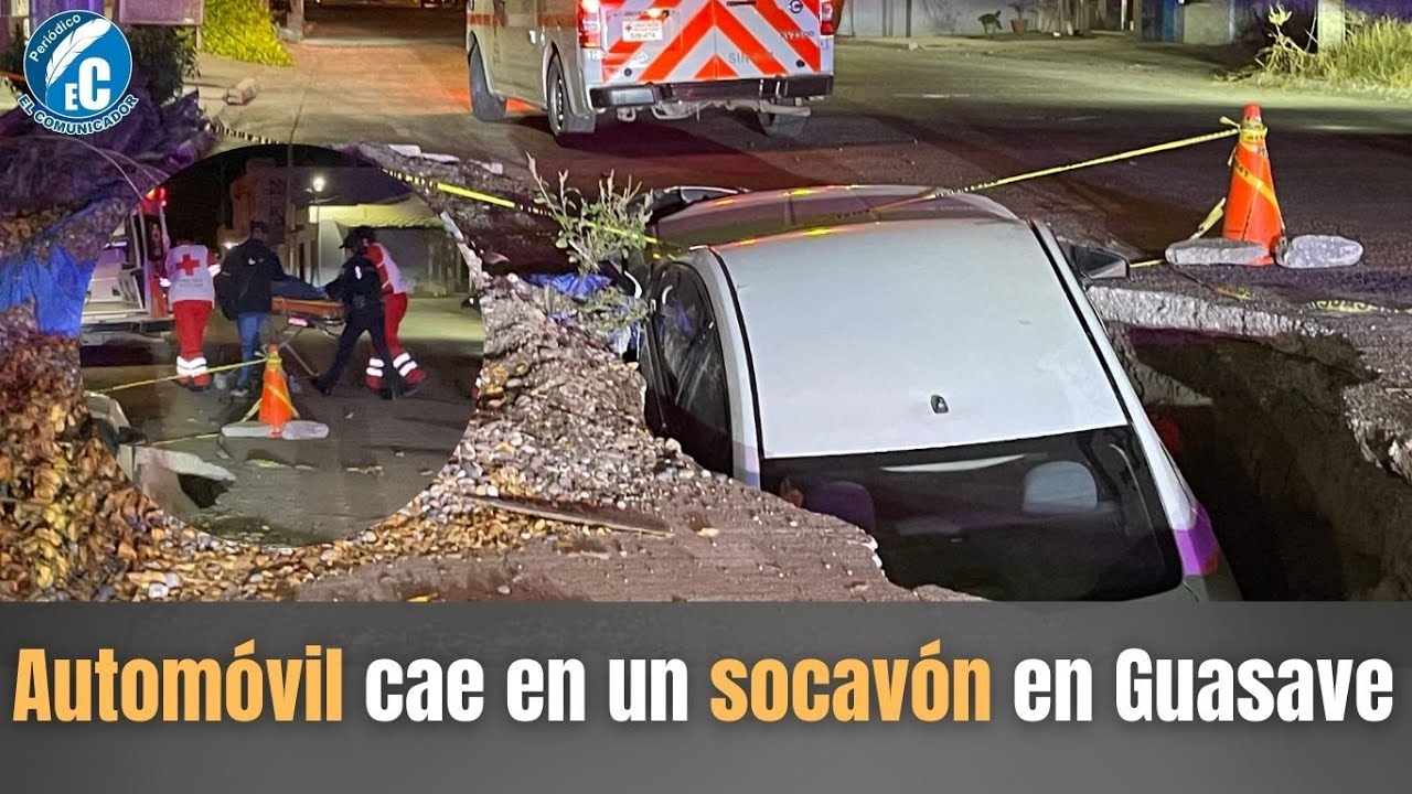 Cae automóvil en socavón del centro de Guasave, el conductor resultó lesionado.