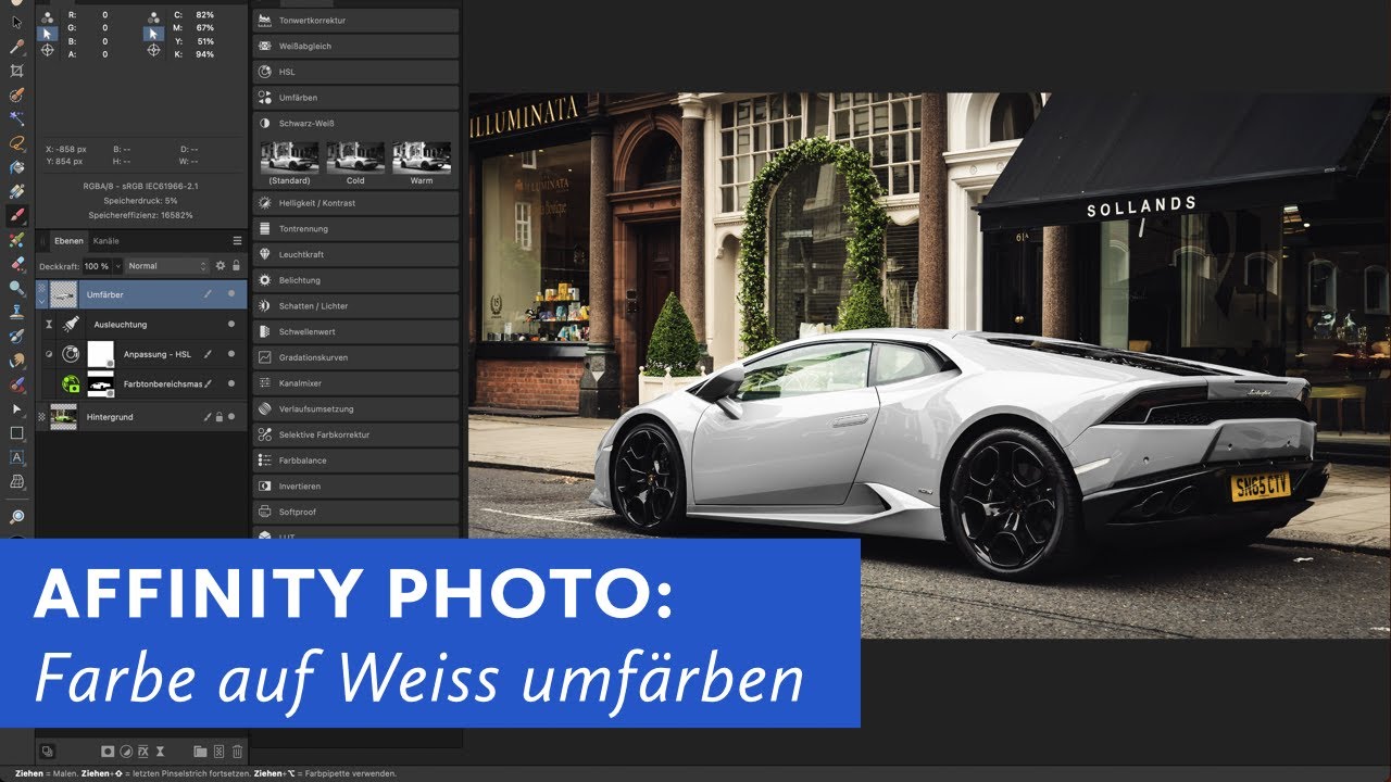 Affinity Photo: Grünes Auto auf "Weiss" umfärben