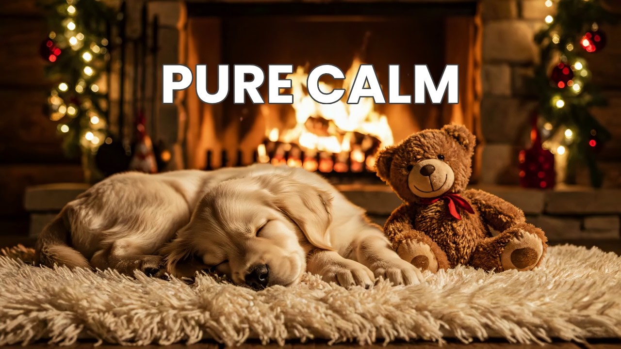 🔴 Pure Peace: HD Winter Fireplace & Puppy Sleep Music for Anxiety Relief ❄️🐾