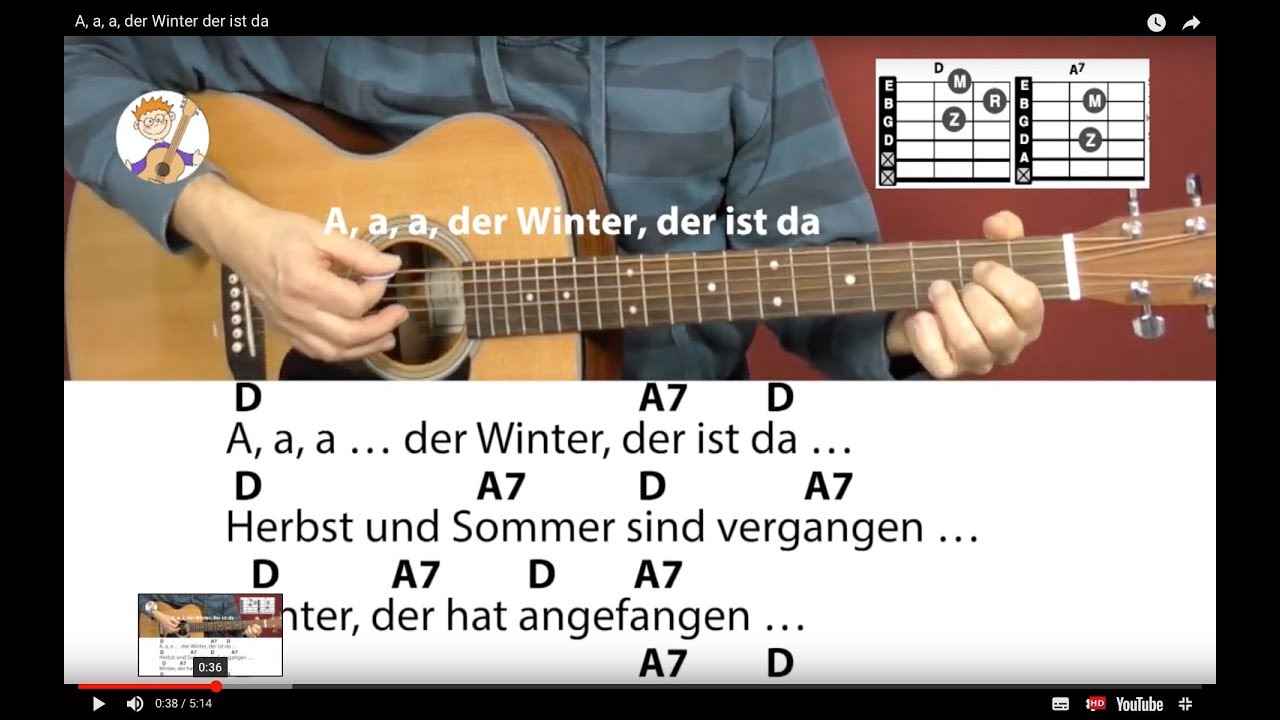 A, a, a, der Winter der ist da - Winterlied,  Akkorde & Text für Gitarre zum Mitspielen
