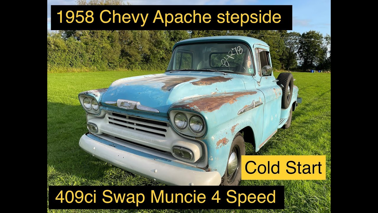 1958 Chevy Apache 409 tri power 4 speed Muncie cold start and drive