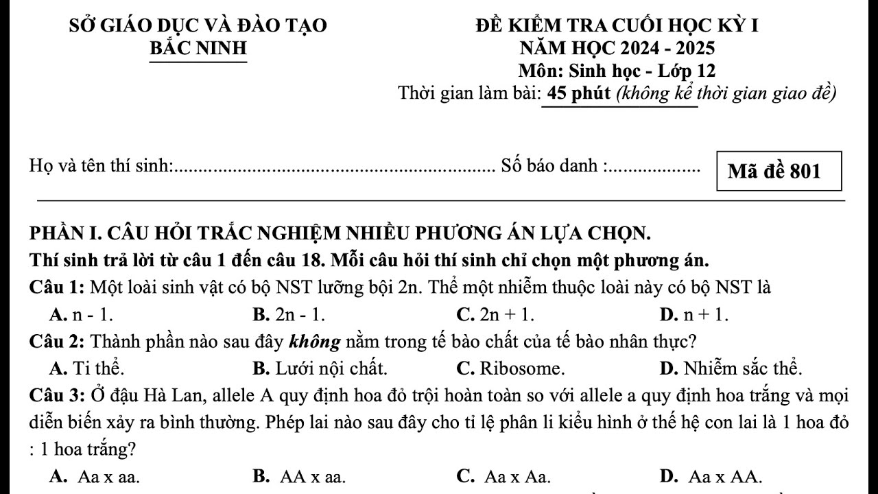 ÔN TẬP KIỂM TRA CUỐI HỌC KÌ I - SINH HỌC 12 - ĐỀ 02