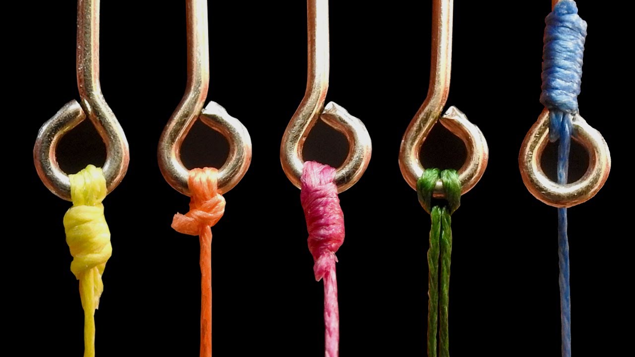 Пять верхних узлов для плетеной лески, используемой рыбаком.