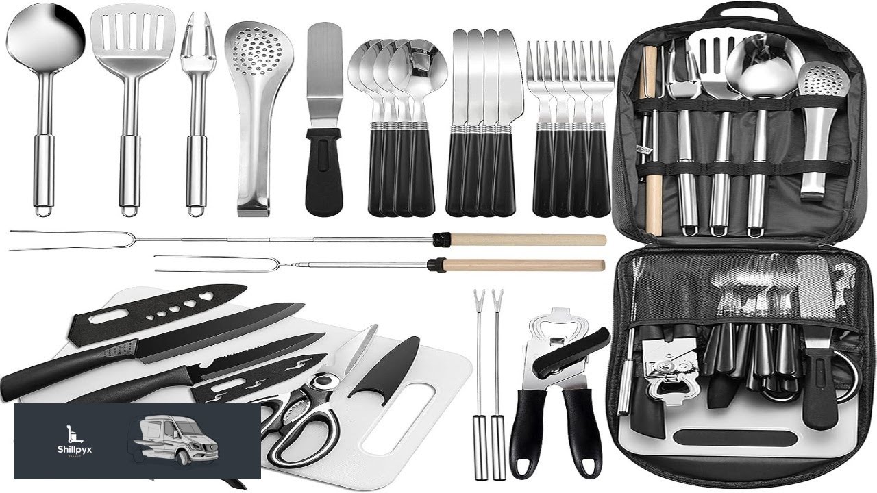 Portable Camping Kitchen Utensil Set 27 Piece Cookware Kit Stainless Steel Outdoor Cooking
