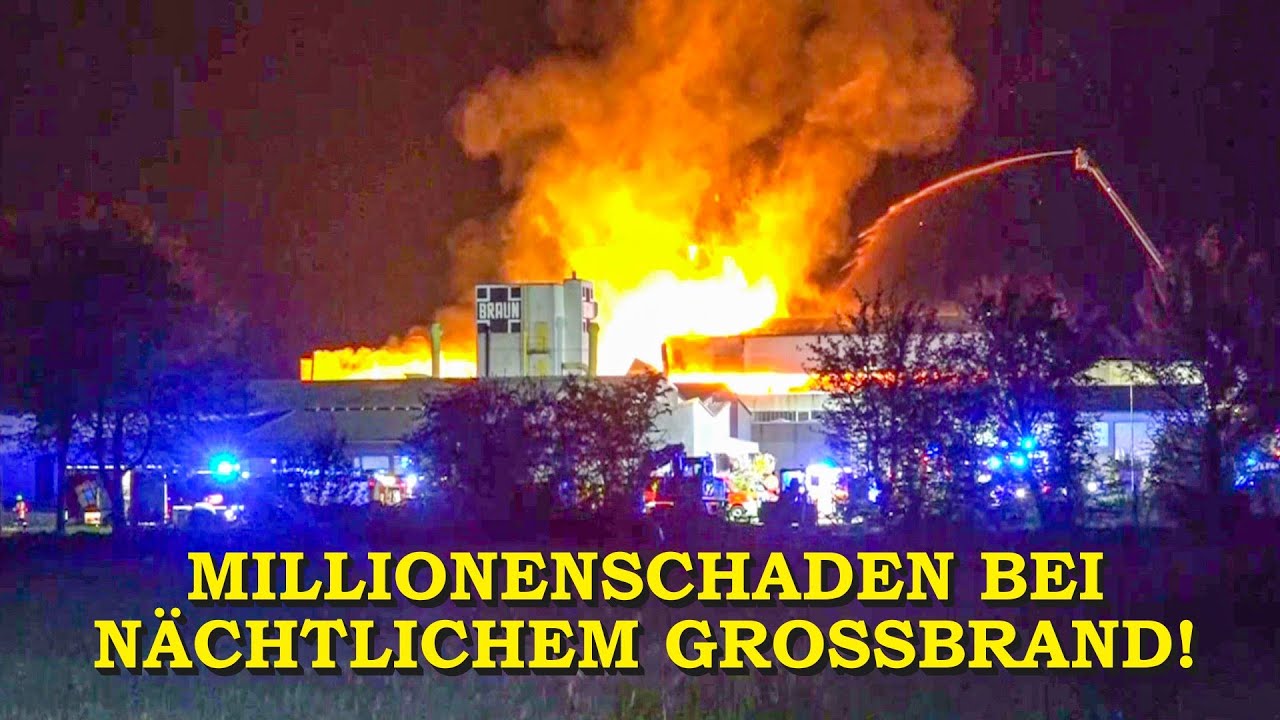 [NÄCHTLICHER GROSSBRAND FORDERT MILLIONENSCHADEN] - Halle mit Holzlager in Flammen - | FEUERWEHR