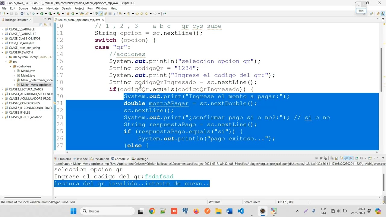 JAVA   Switch   simulando opcion de pagar con qr cuentas y servicio y s