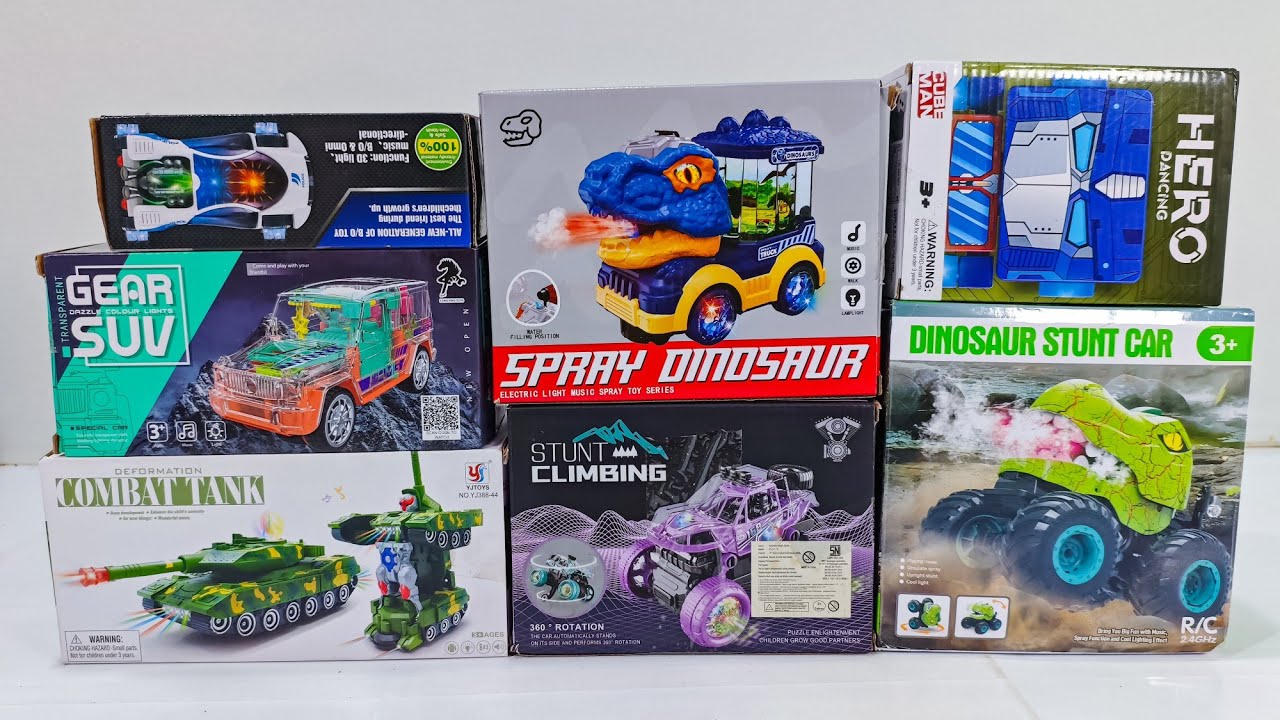 Unboxing Dinosaur Stunt Car, Rc Mobil Balap F1, Tank Baja military, SUV gear Car, Hero Dancing