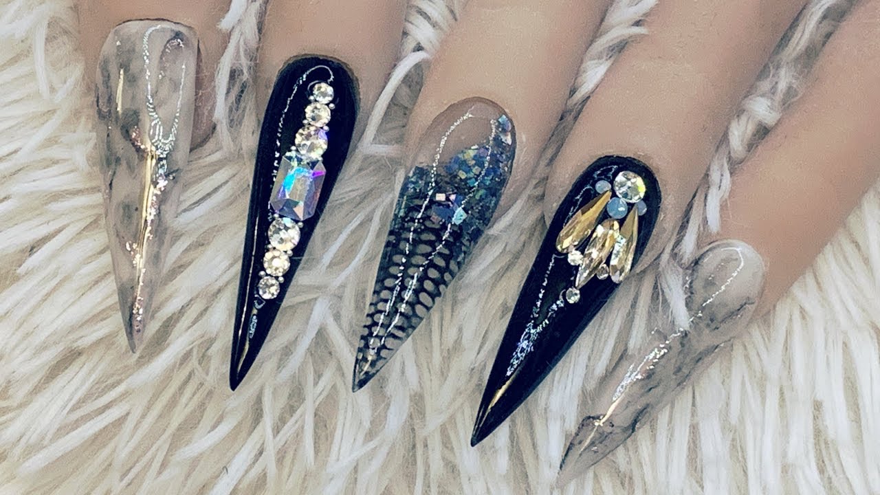 How I sculpted & decorated my XL stiletto nails - marble & crystals