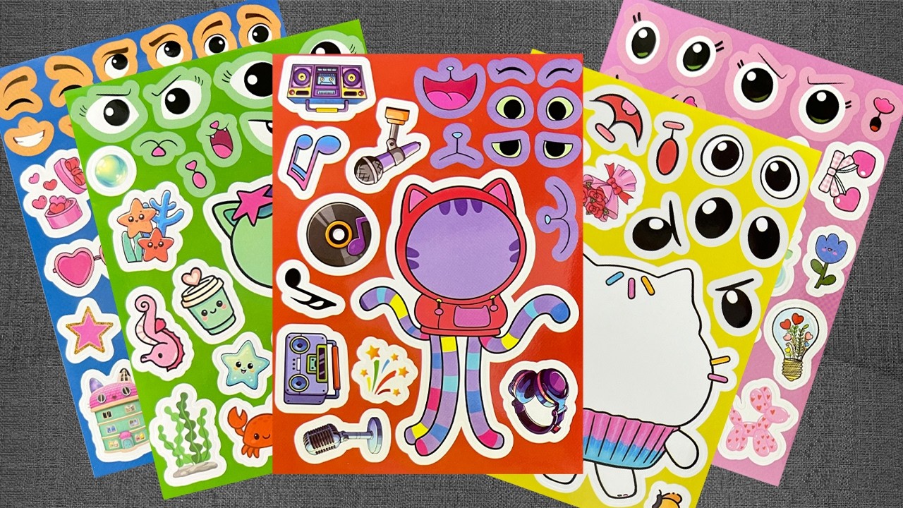 [paper diy] Gabby's Dollhouse Sticker Book Decorating with Make A Face Cat DIY Stickers