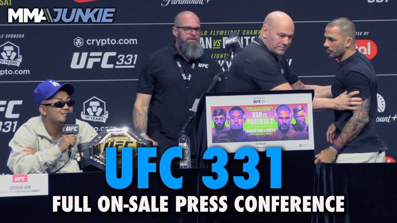 UFC 331 press conference: Alexandre Pantoja held back by Dana White from Joshua Van
