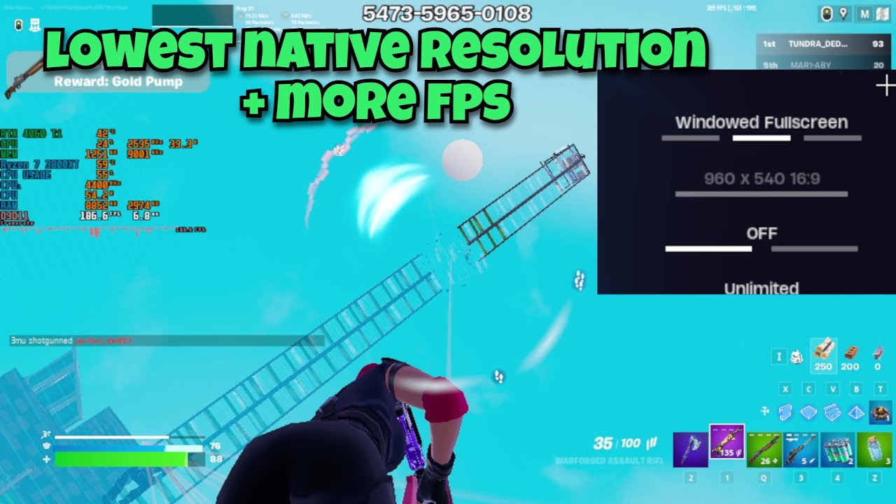 Playing the lowest 16:9 resolution in fortnite 960x540 200+fps boost Fortnite new season
