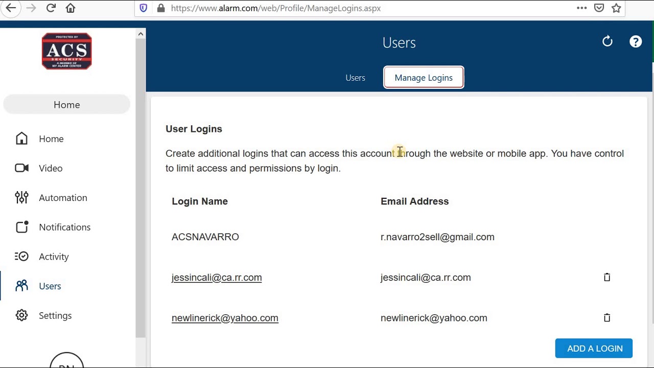 Creating Logins for Alarm.com App