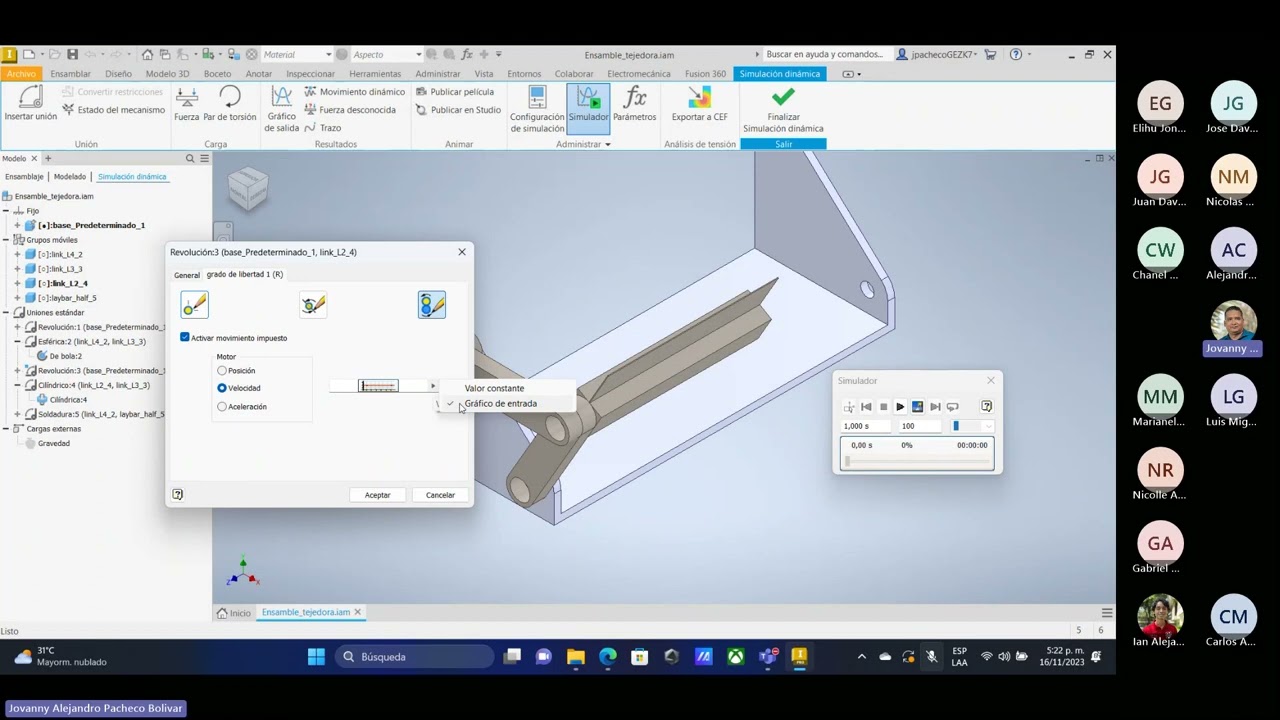 Análisis dinámico de fuerzas en mecanismos con Inventor pte2