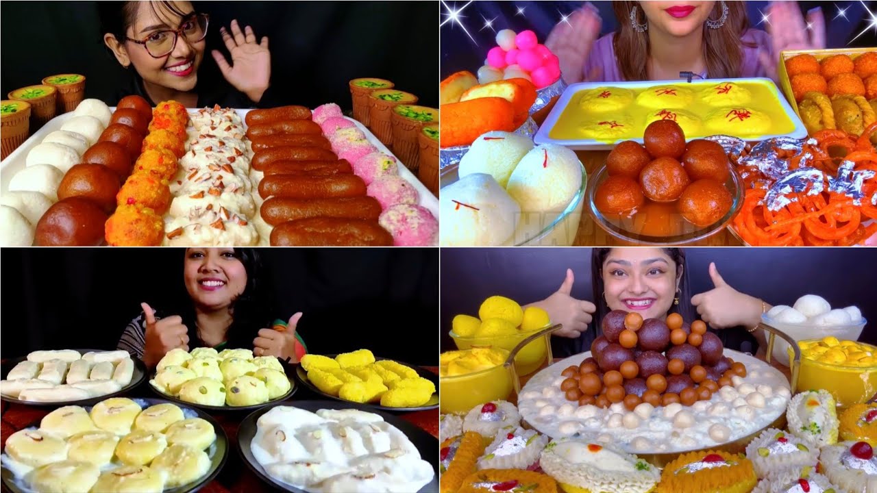 ASMR ❤️Eating Sweets 😋 Rabdi with Mini Rosgulla Rosmalai Rose Keerkadam GulabJamun Rosogolla Laddu 👌