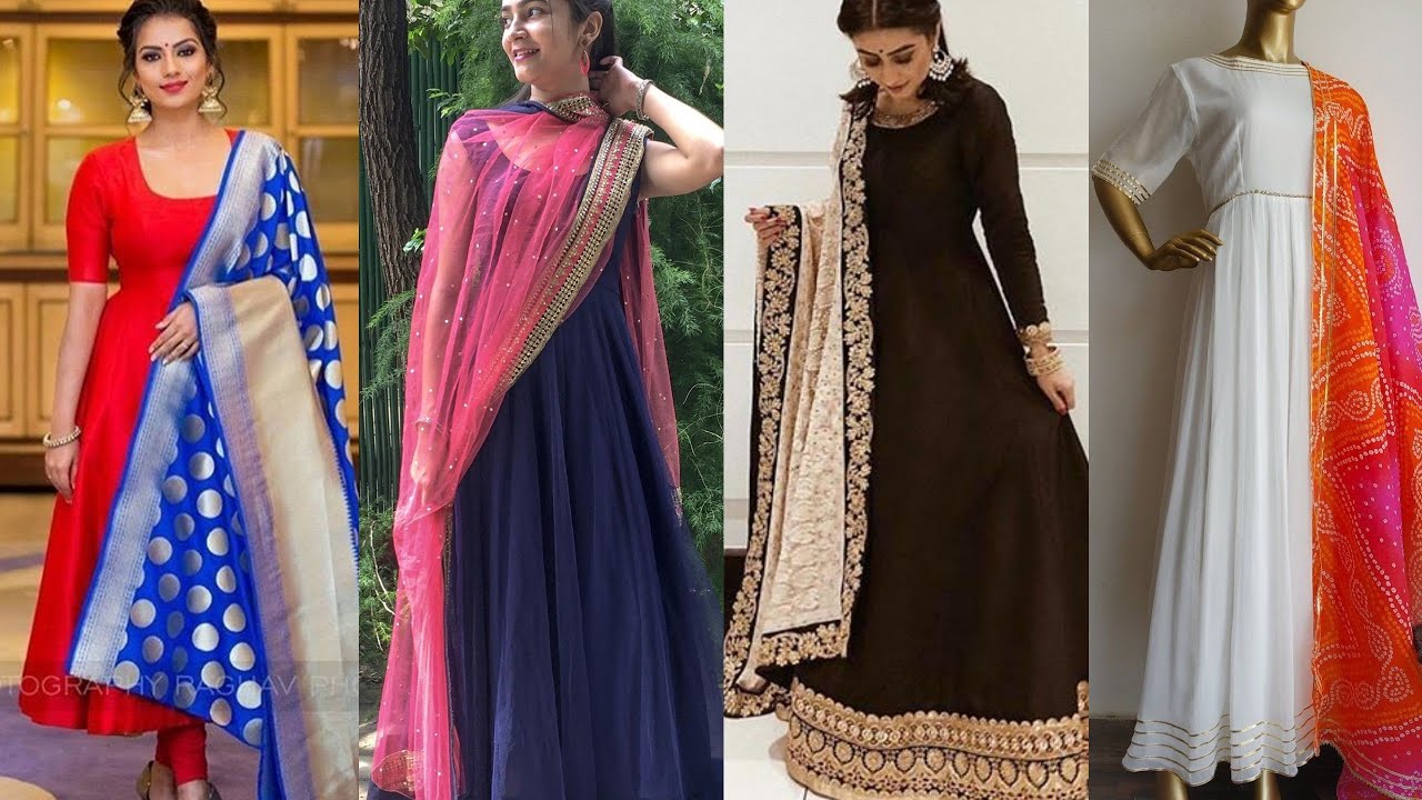 Simple Plain anarkali suits designs with heavy dupatta
