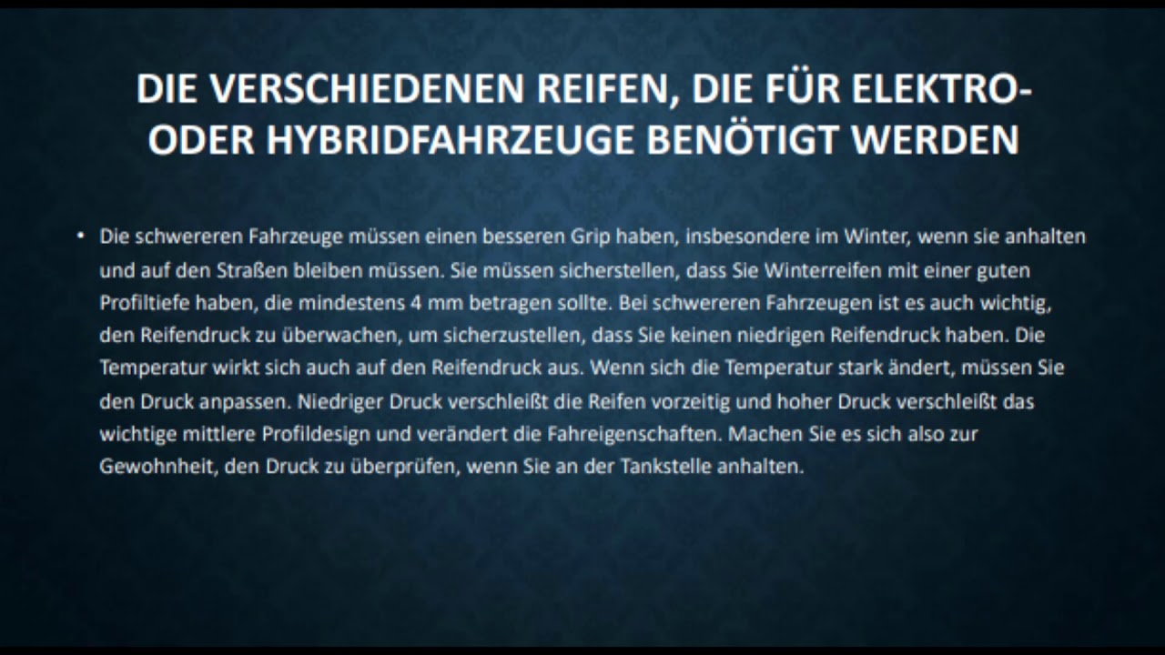 Die verschiedenen Reifen, die f&uuml;r Elektro- oder Hybridfahrzeuge ben&ouml;tigt werden