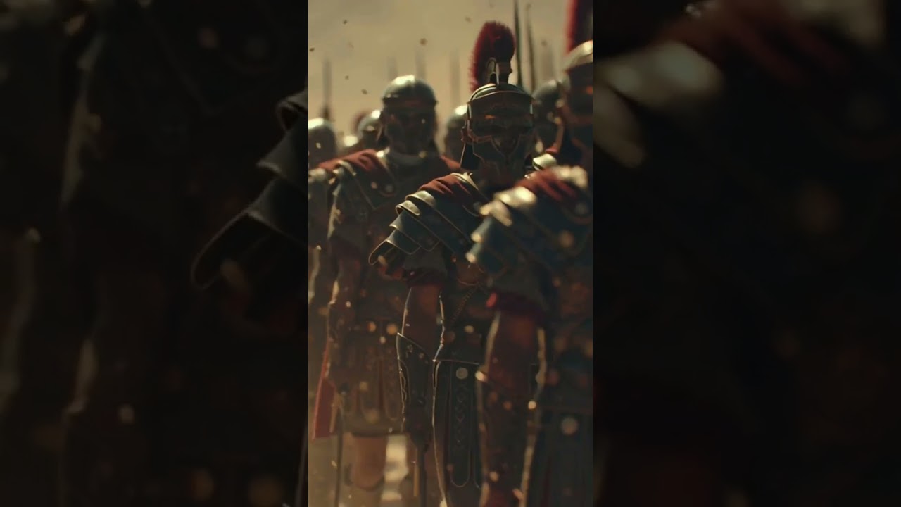 Ancient Roman legion marching in formation, confident soldiers, cinematic lighting, dramatic hist...