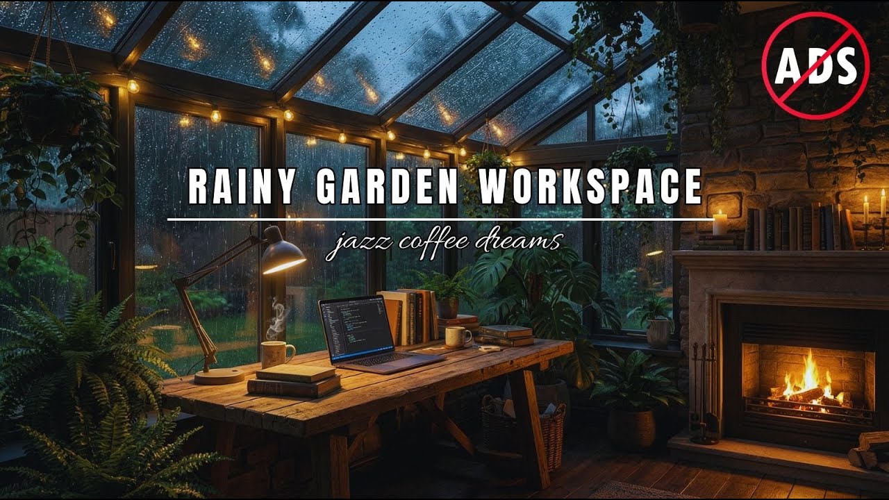 Rainy Garden Workspace 🌧️🔥 Cozy Fireplace, Smooth Jazz & Lo-Fi for Deep Focus