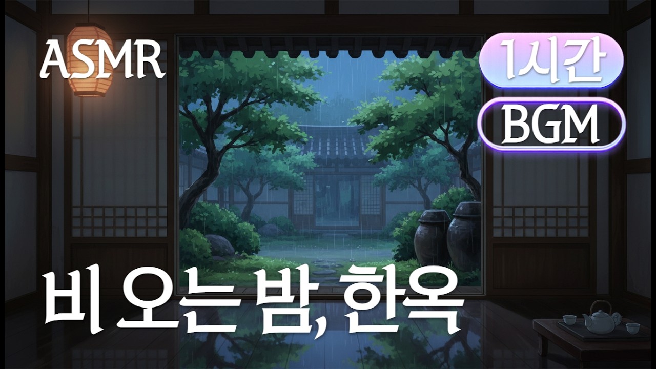 [🎵BGM 버전] 비 오는 밤 한옥 ASMR 🌧️🏯 장작&middot;빗소리&middot;풀벌레 | 1시간 깊은 수면 동양풍 BGM