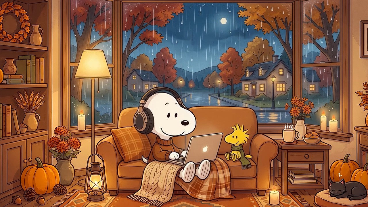 Snoopy's Work Jazz Rainy Day 🍂 Relaxing Rainy Night Music and Rain Sounds for Study, Work & Relax