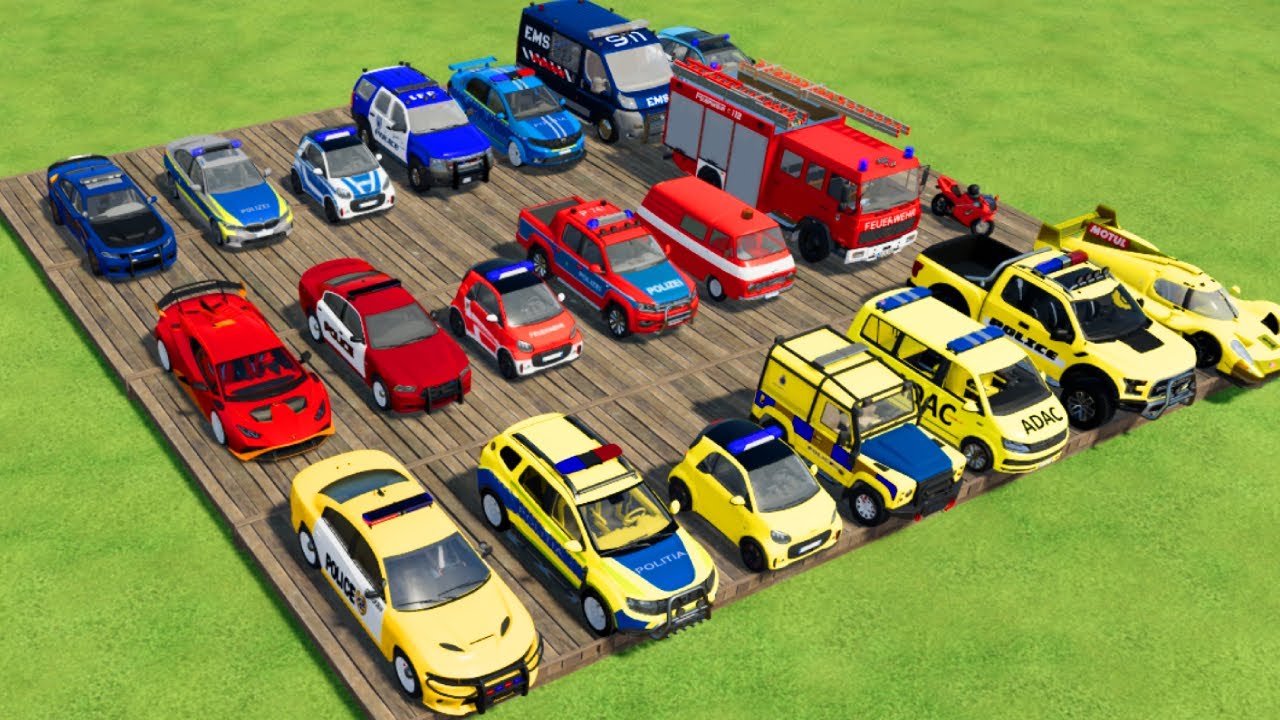 TRANSPORTING CARS, AMBULANCE, POLICE CARS, FIRE TRUCK OF COLORS! WITH TRUCKS! - FS 22