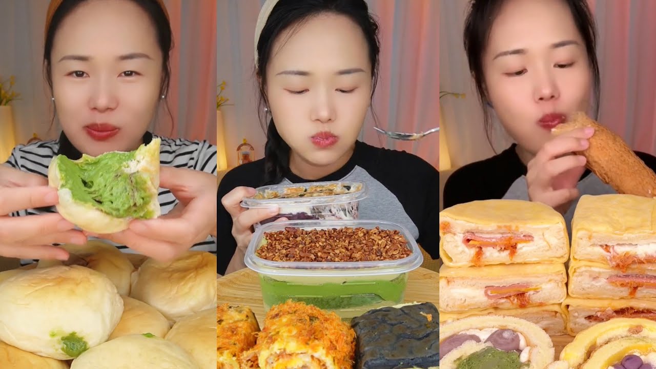 asmr mukbang - egg pork floss sandwich, matcha dipping bread, cream swiss roll eating sound
