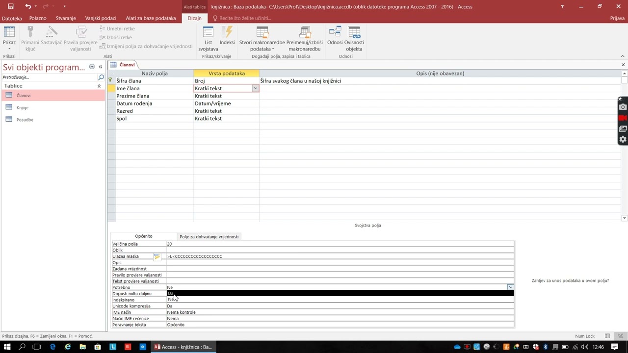 Definiranje svojstava polja i povezivanje tablica - Microsoft Access
