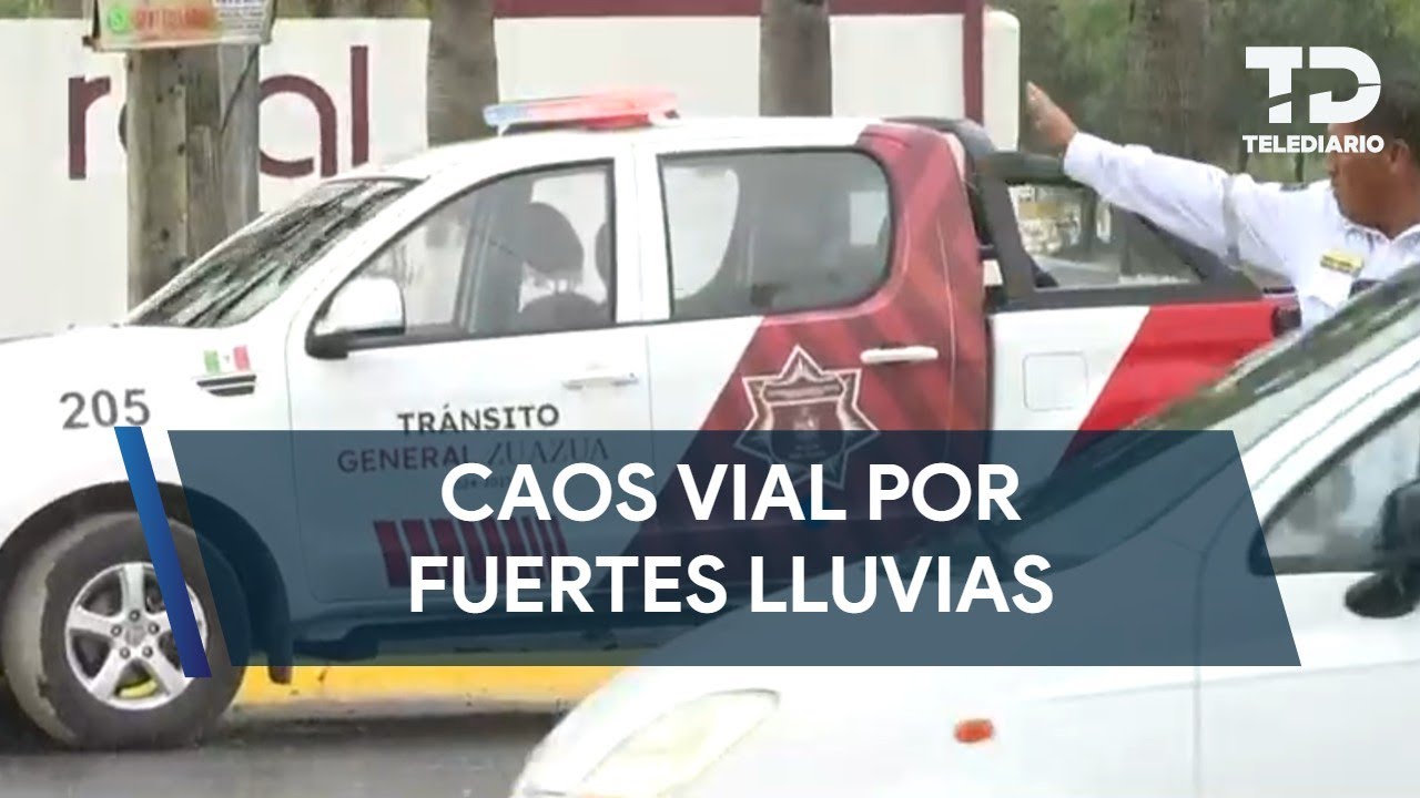 Fuertes lluvias provocan caos vial por encharcamientos en Zuazua, NL