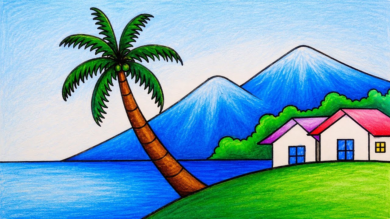 Easy Nature Scenery Drawing | How to Draw Mountain, Beach, Sea, and Houses Step by step