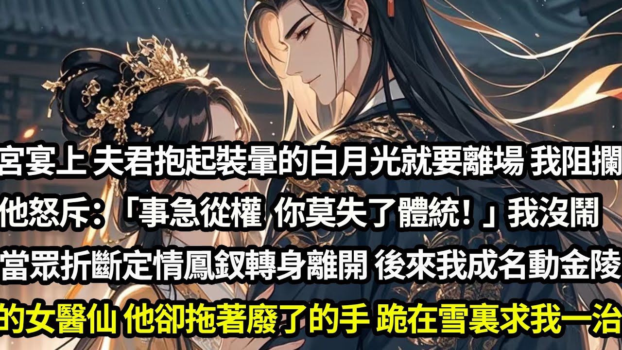 宮宴上夫君抱起裝暈的白月光就要離場，見我阻攔他怒斥：「事急從權，你莫失了體統！」我沒鬧當眾折斷了定情鳳釵轉身離開，三年後我成了名動金陵的女醫仙，他卻拖著因白月光而廢的左手跪在雪地裏求我一治#愛情#完結