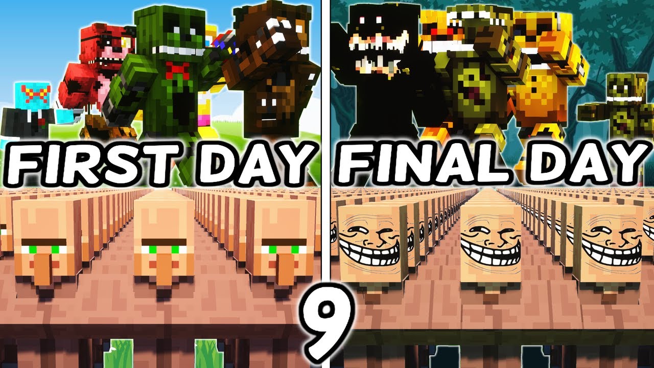 Я заставил 100 жителей деревни симулировать выживание в Five Nights at Freddy's World в Minecraft