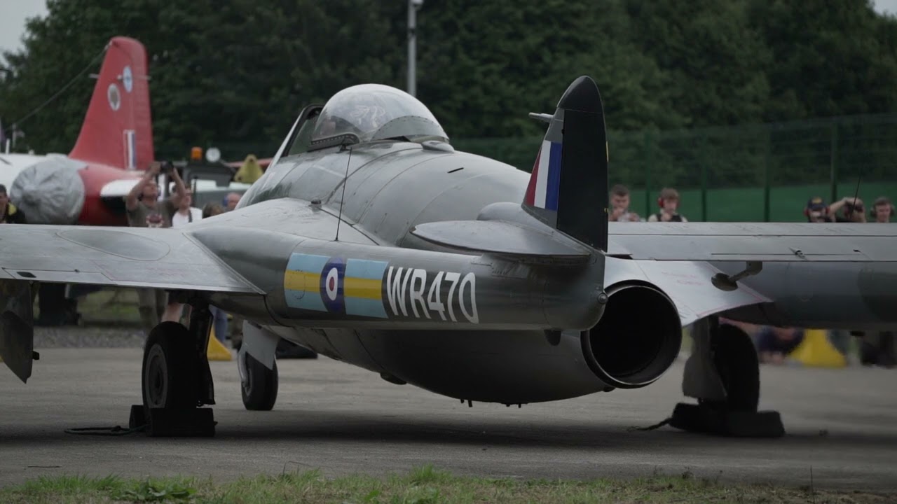 (Bruntingthorpe Cold War jets days) De Havilland Vampire and Hawker Hunter run