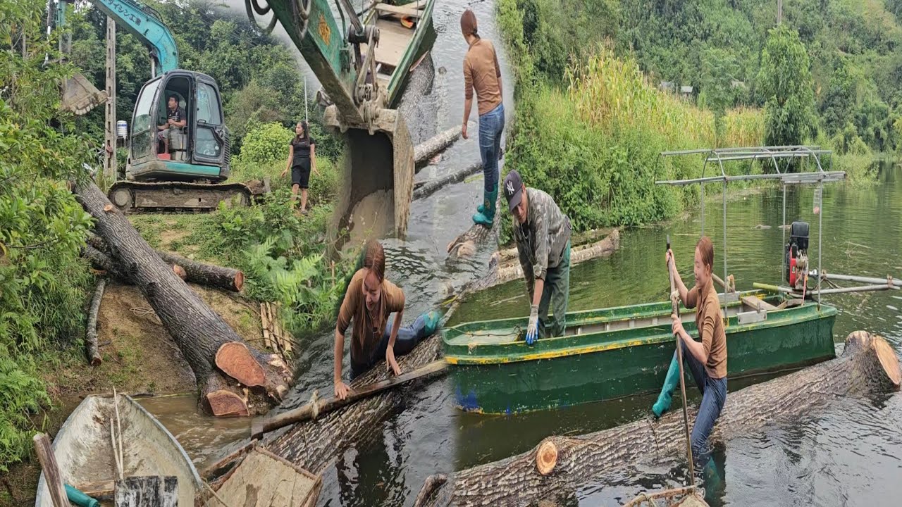 The girl and the driver drove a giant wooden excavator on the water