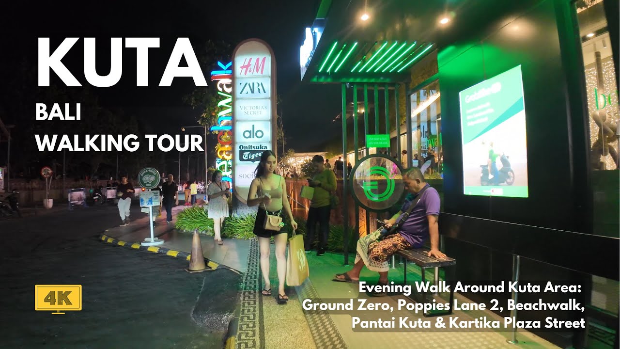 KUTA, Bali Night Walk Around Ground Zero, Beachwalk, Kartika Plaza Street Bali Walking Tour 4K/60fps