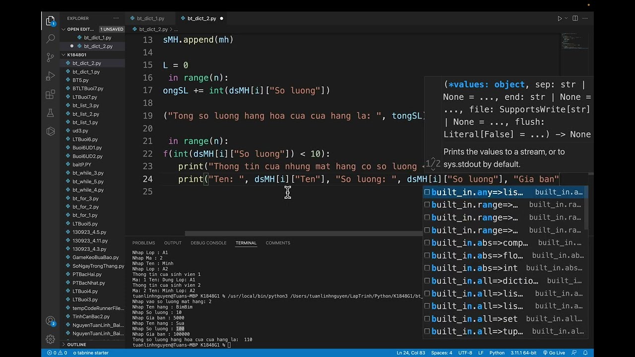 Bài tập luyện tập sử dụng cấu trúc dữ liệu từ điển (DICT) trong Python