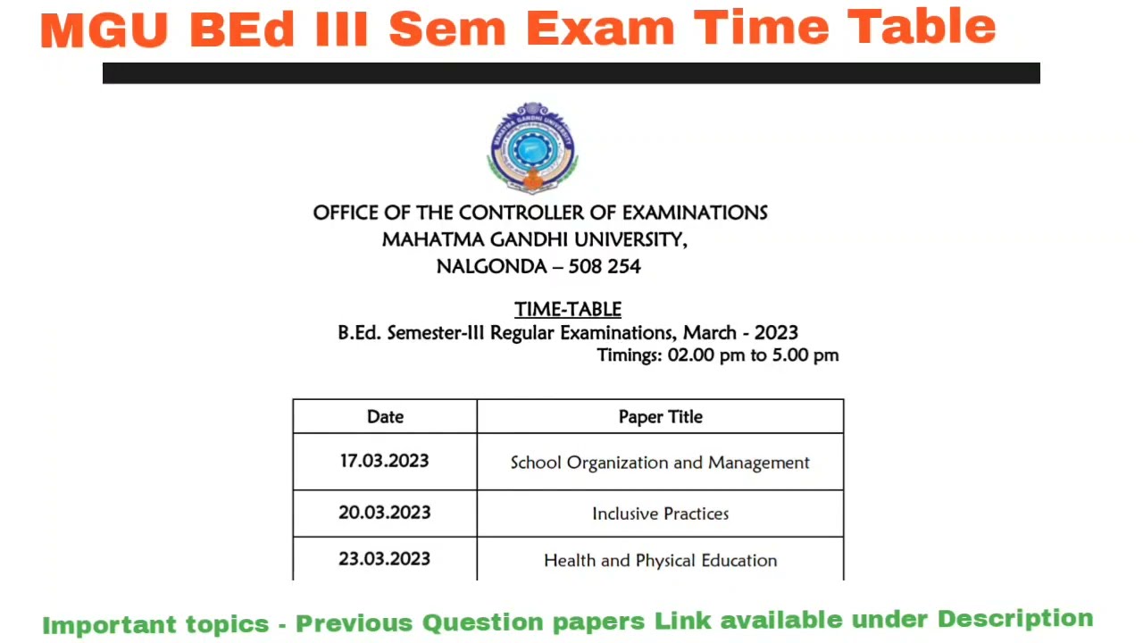 MGU BED III SEMESTER REGULAR EXAMINATION TIME TABLE MARCH 2022 BED III SEM IMPORTANT QUESTION PAPERS