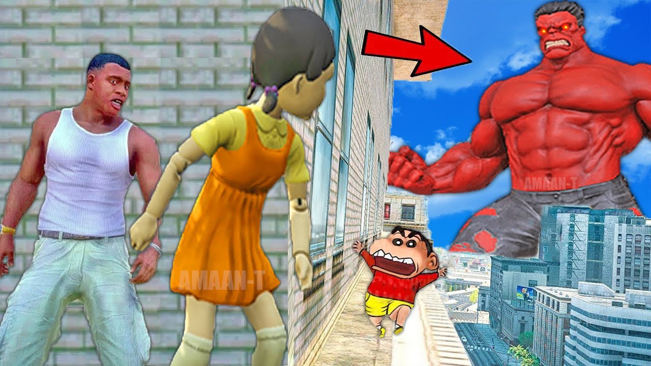 Franklin and Shinchan & Pinchan play HIDE AND KILL with Squid Game Doll In GTA 5