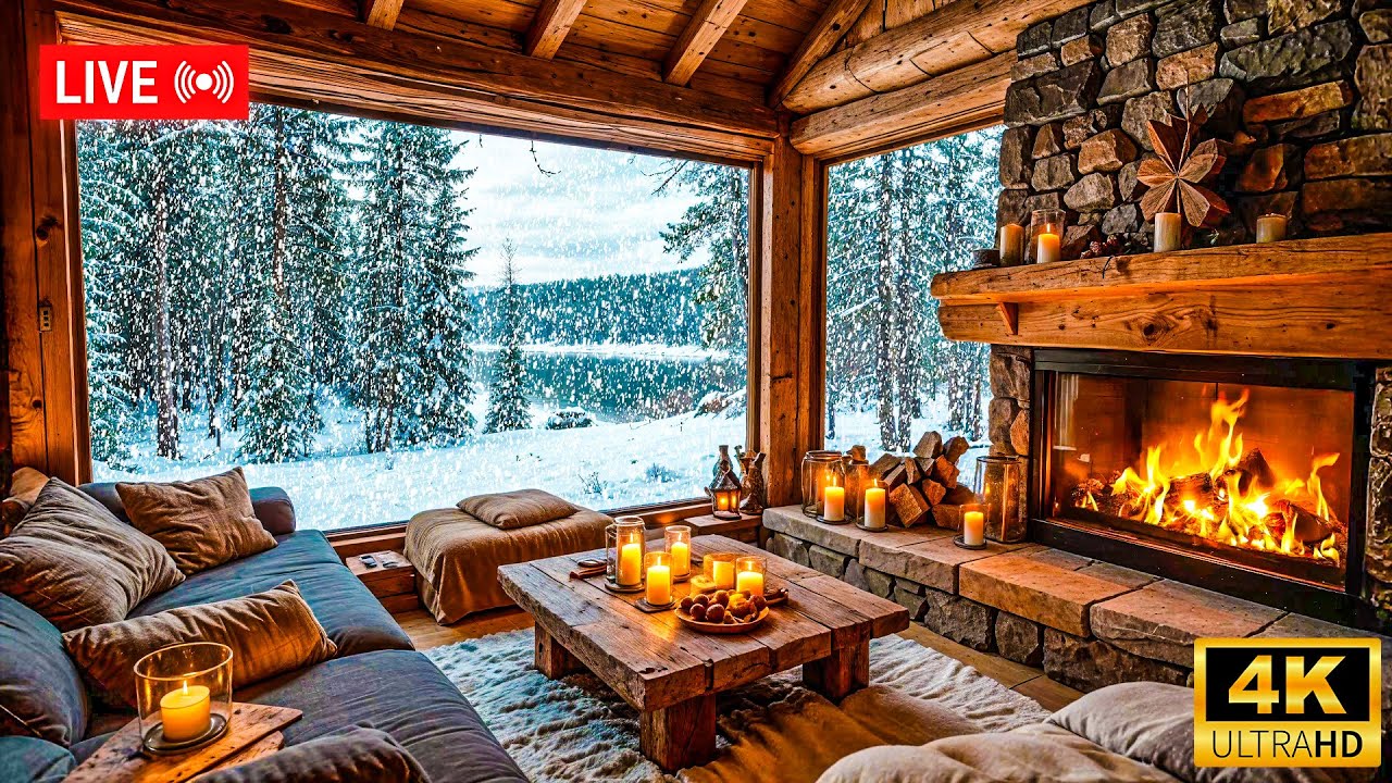 Rustic Winter Cabin ❄️ | Cozy Fireplace Ambience with Snowfall in 4K