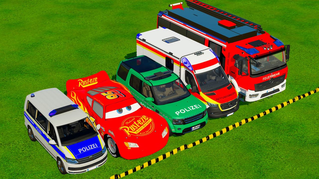 FORD, MCQUEEN, DACIA POLICE CARS & MERCEDES FIRE TRUCK VEHICLES TRANSPORTING ! FS22