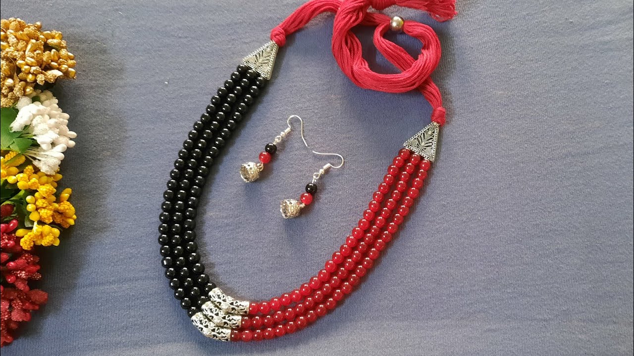 How to make three layer glass beads necklace at home/ Red and Black beads combination