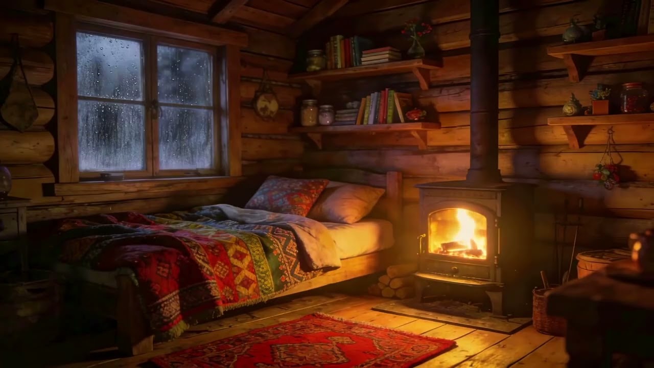 Gentle Night Rain & Warm Fireplace Ambience for Deep Relaxation and Anxiety Relief