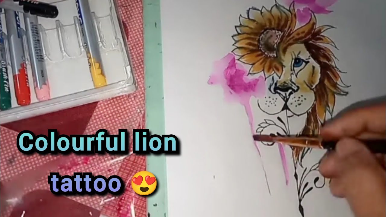 Colourful lion tattoo design with sunflower/lion tattoo design for girls/how to make lion tattoo