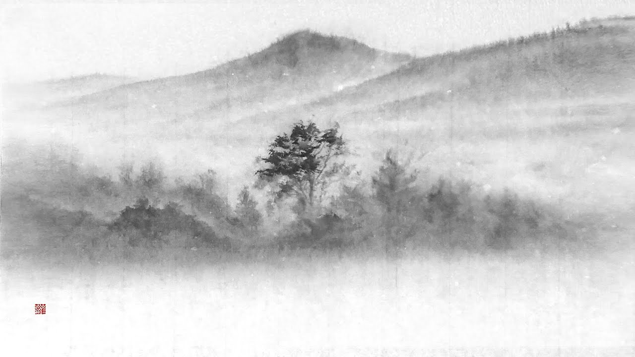 水墨画  山 川 『 川の種 』　風景画　山水画　墨一筆   Landscape painting River seeds sumi-e