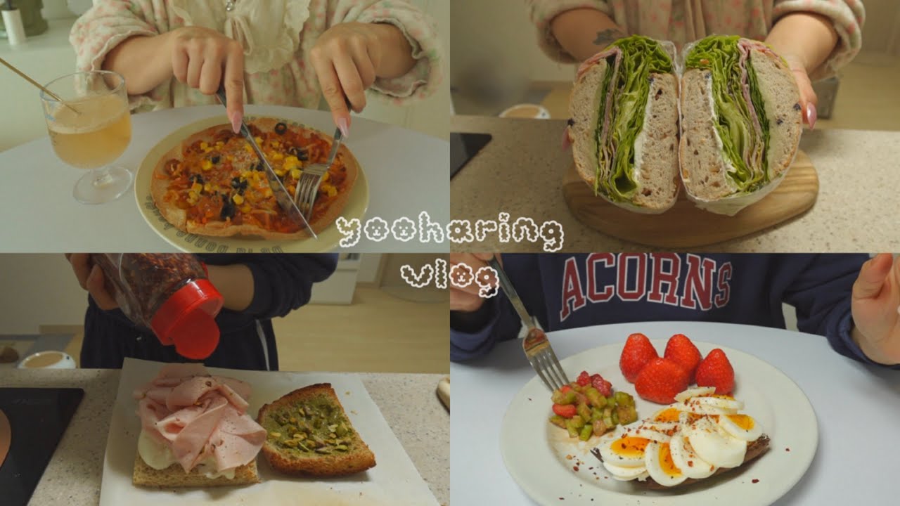 Eng | -2kg 급찐급빠 성공🎉, 간단한 라구피자만들어먹기🍕,망해버린 소고기샌드위치🥲, 세젤맛 피스타치오 샌드위치🧆, 딸기샐러리샐러드 만들고 언니한테 네일받는 자취일상💅🏻