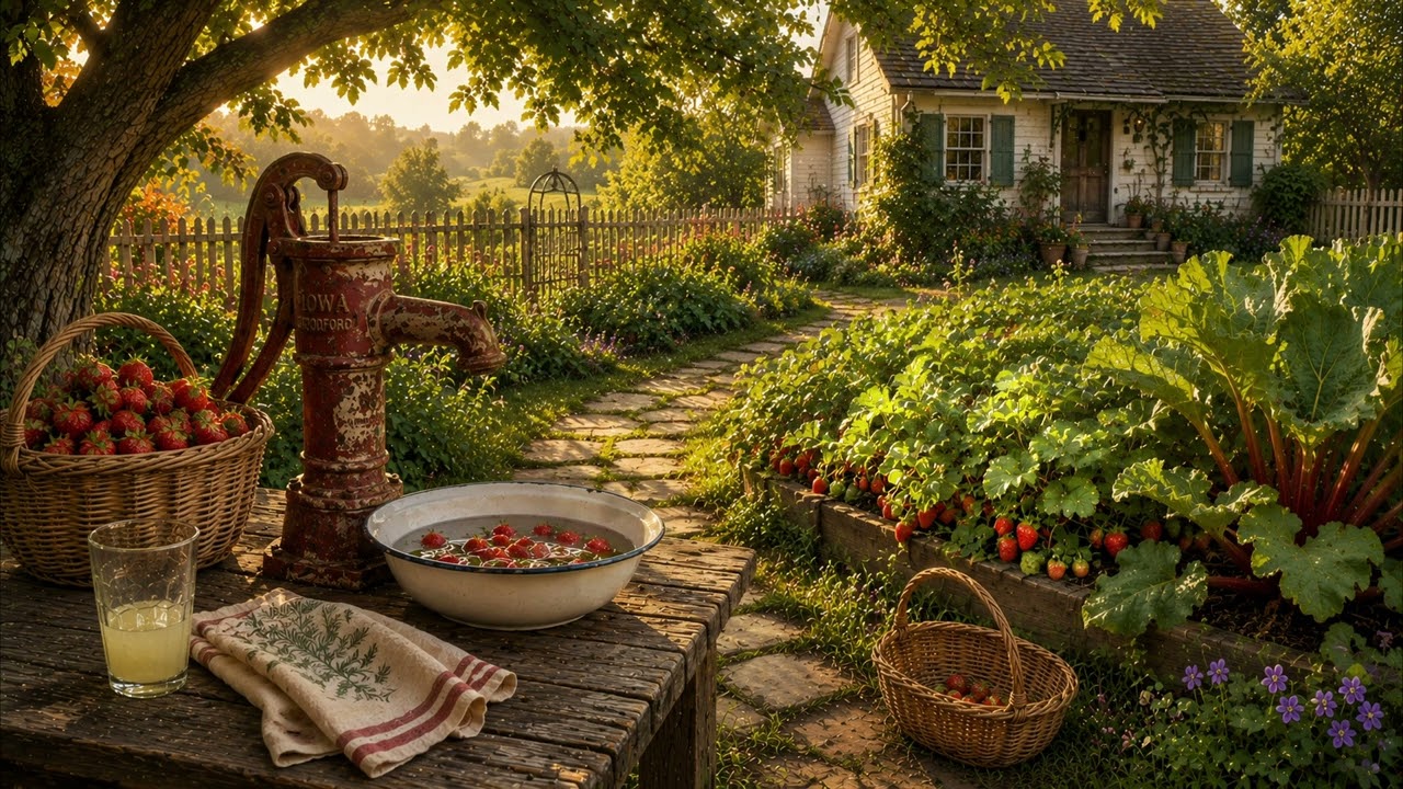 🍓 Strawberry Harvest Morning | Cozy Cottage Garden, Hand Pump & Summer Homestead Ambience (5 Hours)
