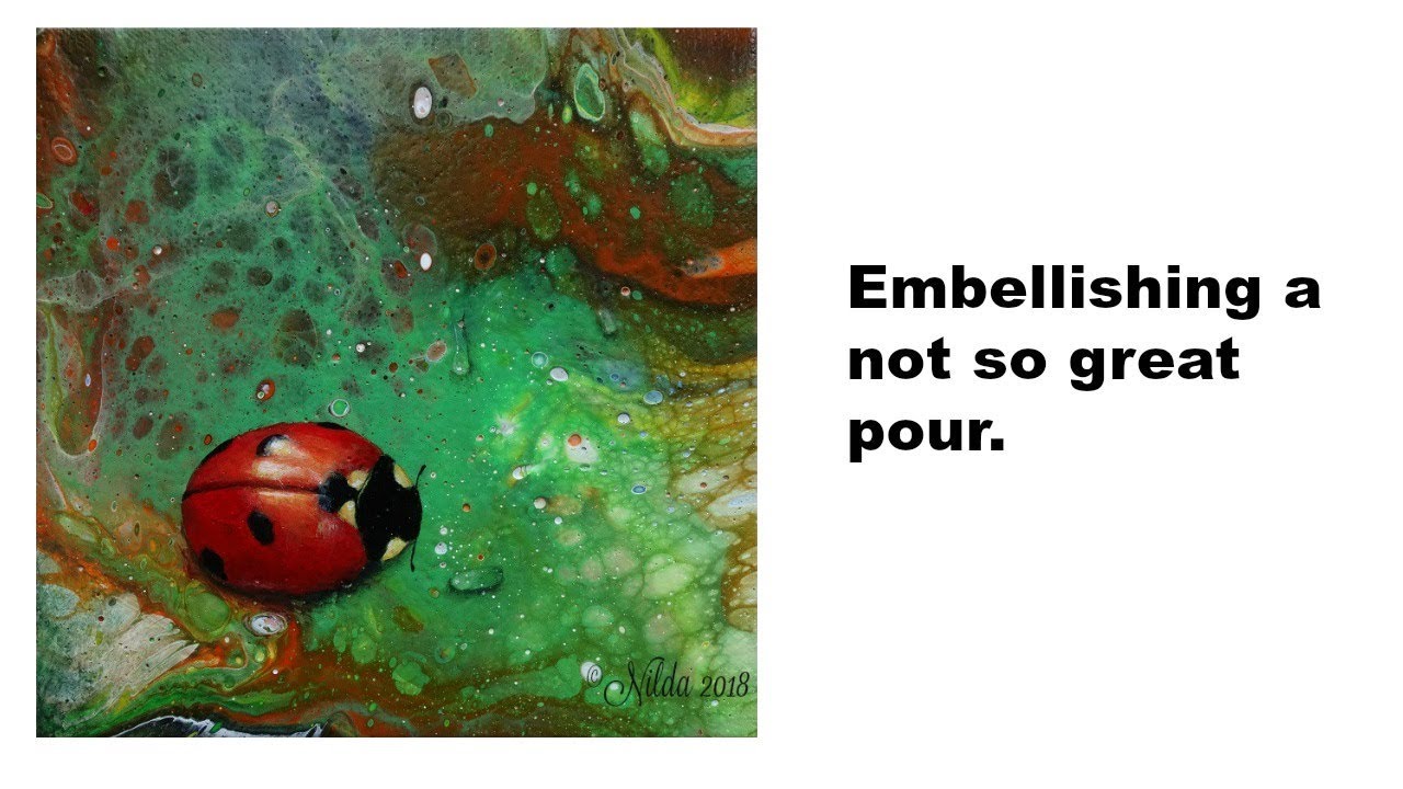 Macro of a Leaf, Embellishing a Pour, Fluid Acrylics Pouring, Flip Cup, waterdrop, ladybug