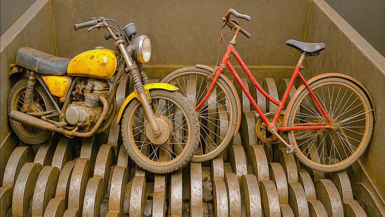 Giant Shredder in Action Motorcycle vs Bicycle! Metal Shredder Destruction 